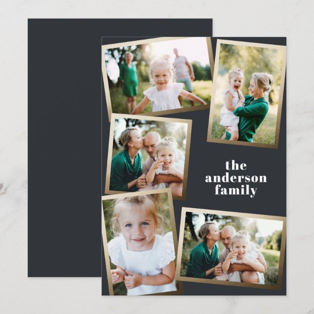 Modern gold multi photo family holiday card (Front/Back)