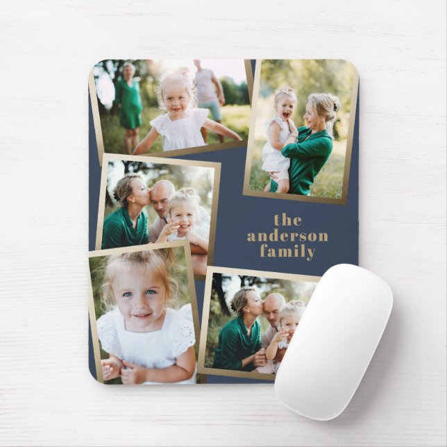 Modern gold multi photo family holiday card mouse mat (With Mouse)