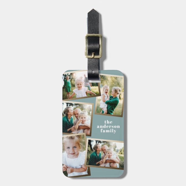 Modern gold multi photo family stylish luggage tag (Front Vertical)