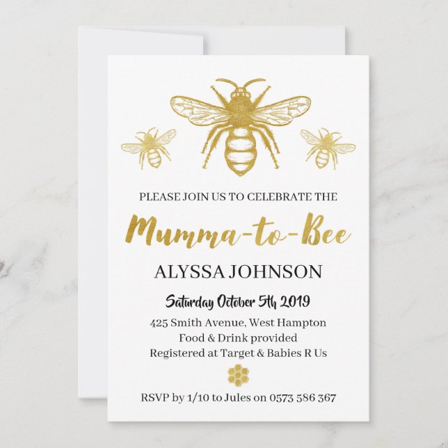 Modern Gold Mumma to Bee Baby Shower Invitation (Front)