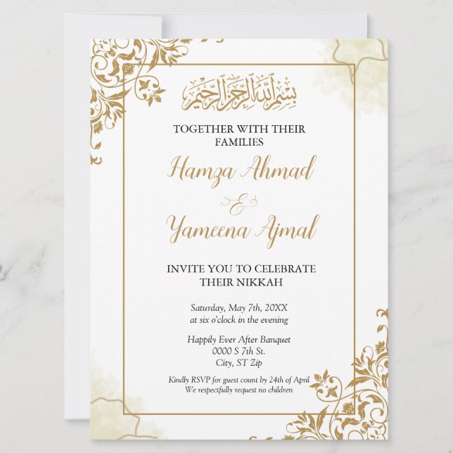 Modern Gold Muslim Islamic Wedding Nikkah Invitation (Front)