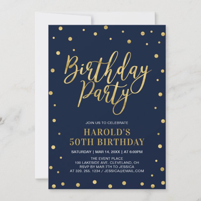 Modern Gold & Navy Adult 50th Birthday Party Invitation (Front)