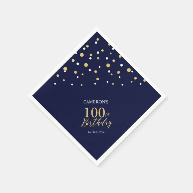 Modern Gold & Navy Blue 100th Birthday Party Napkin (Corner)