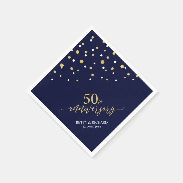 Modern Gold & Navy Blue 50th Anniversary Party Napkin (Corner)