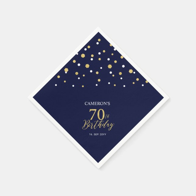 Modern Gold & Navy Blue 70th Birthday Party Napkin (Corner)