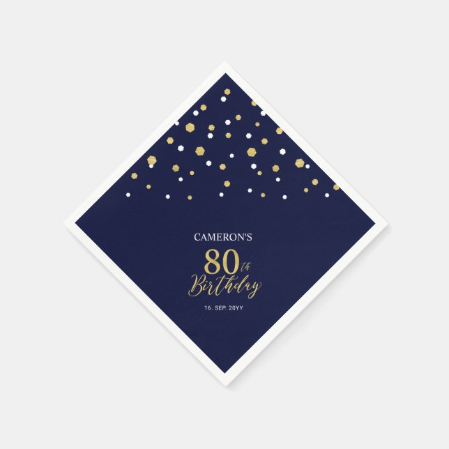 Modern Gold & Navy Blue 80th Birthday Party Napkin (Corner)