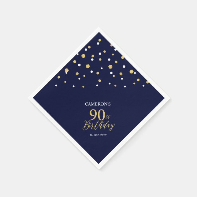 Modern Gold & Navy Blue 90th Birthday Party Napkin (Corner)