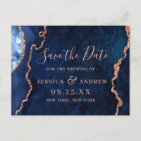 Modern Gold Navy Blue Agate Marble Save the Date