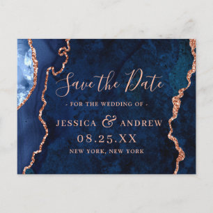 Modern Gold Navy Blue Agate Marble Save the Date Announcement Postcard