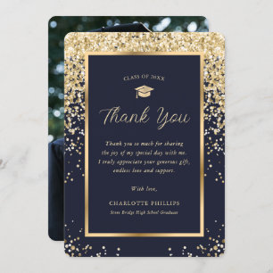 Modern Gold Navy Blue Elegant Photo Graduation Thank You Card