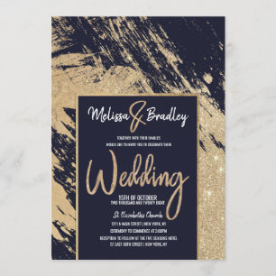Modern Gold Navy Blue Glitter Brushstrokes Wedding Invitation