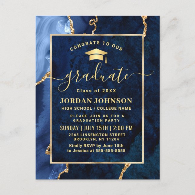 Modern Gold Navy Blue Graduation Party Invitation Postcard (Front)