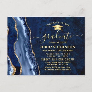 Modern Gold Navy Blue Graduation Party Invitation Postcard