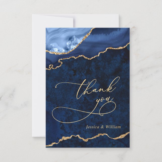 Modern Gold Navy Blue Marble Agate Thank You Card (Front)