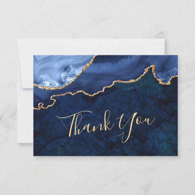 Modern Gold Navy Blue Marble Agate Thank You Card (Front)