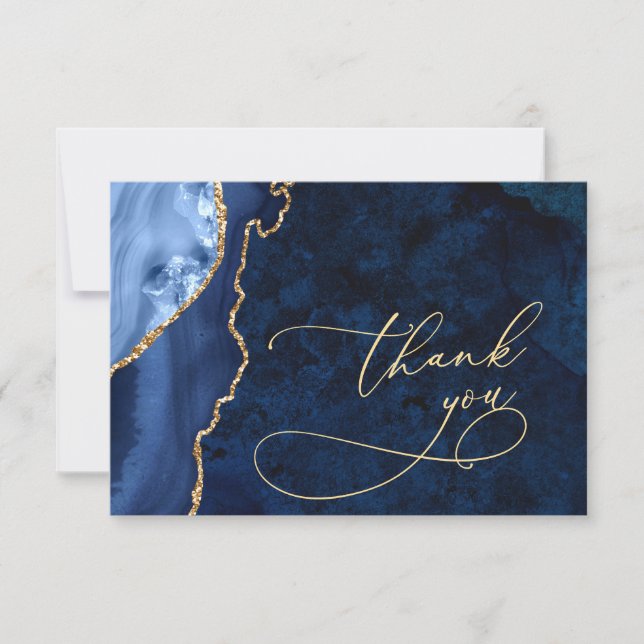 Modern Gold Navy Blue Marble Agate Thank You Card (Front)