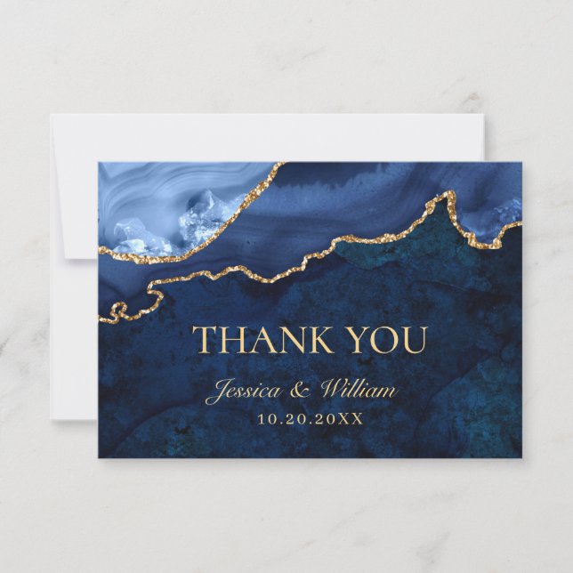 Modern Gold Navy Blue Marble Agate Thank You Card (Front)