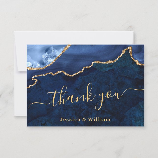 Modern Gold Navy Blue Marble Agate Thank You Card (Front)