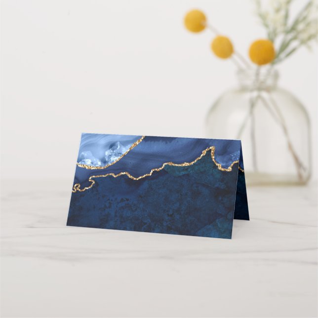 Modern Gold Navy Blue Marble Agate Wedding Table Place Card (Front)
