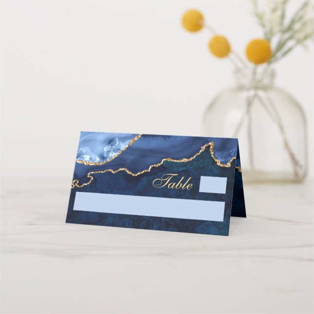 Modern Gold Navy Blue Marble Agate Wedding Table Place Card (Front)