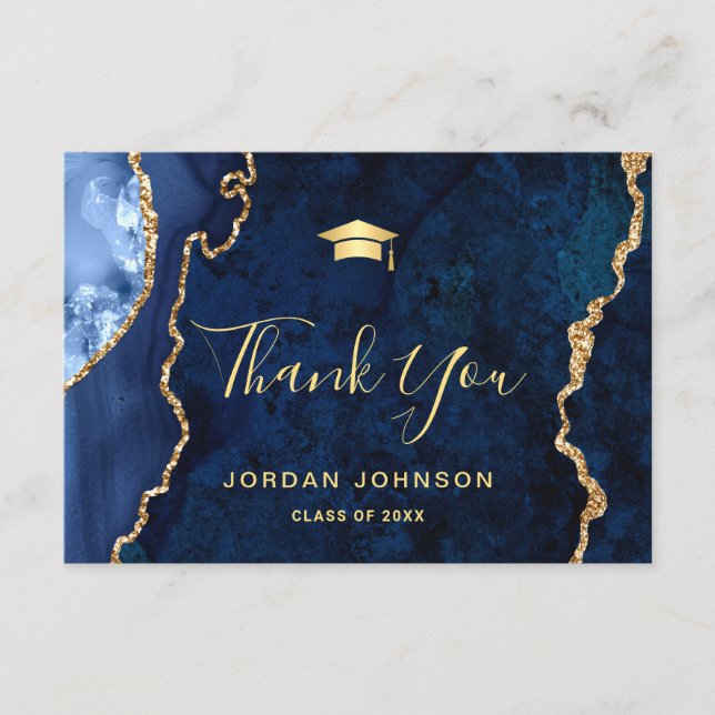 Modern Gold Navy Blue Marble Graduation Thank You Card (Front)