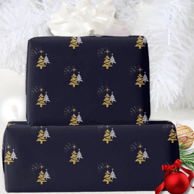 Modern Gold Navy Blue Minimalist Christmas Tree Wrapping Paper (Creator Uploaded)