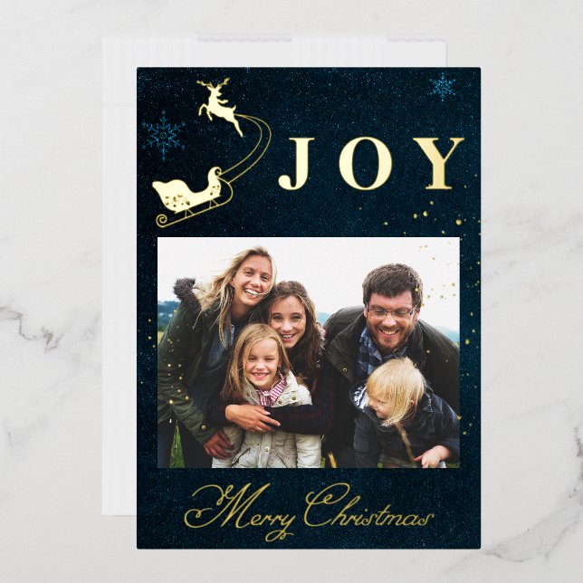 Modern Gold Navy Blue Sky Photo Family Christmas Foil Holiday Card (Envelope)