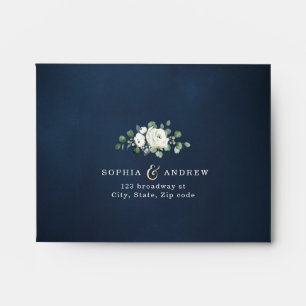 Modern gold & navy blue white floral wedding RSVP Envelope