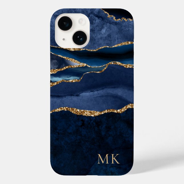 Modern Gold & Navy Marble Agate Monogram Case-Mate iPhone Case (Back)