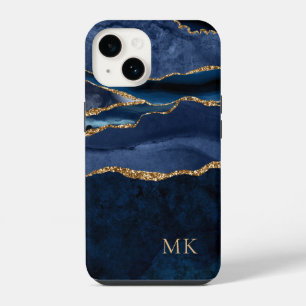 Modern Gold & Navy Marble Agate Monogram Case-Mate iPhone 14 Case