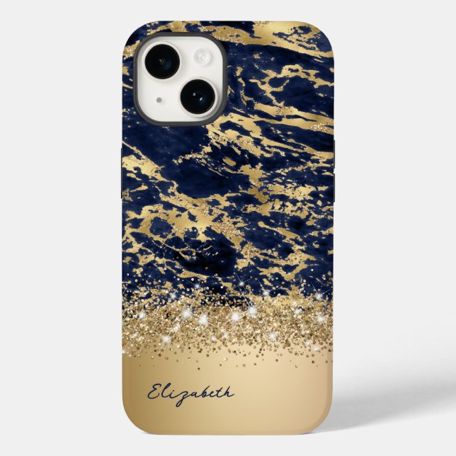 Modern Gold Navy Marble Faux Glitter Monogram Case-Mate iPhone Case (Back)