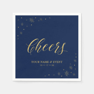 Modern Gold & Navy Sparkle Cheers Custom Party Napkin