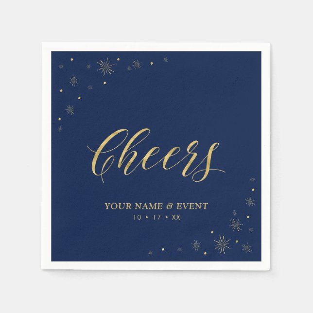 Modern Gold & Navy Sparkle Cheers Custom Party Napkin (Front)