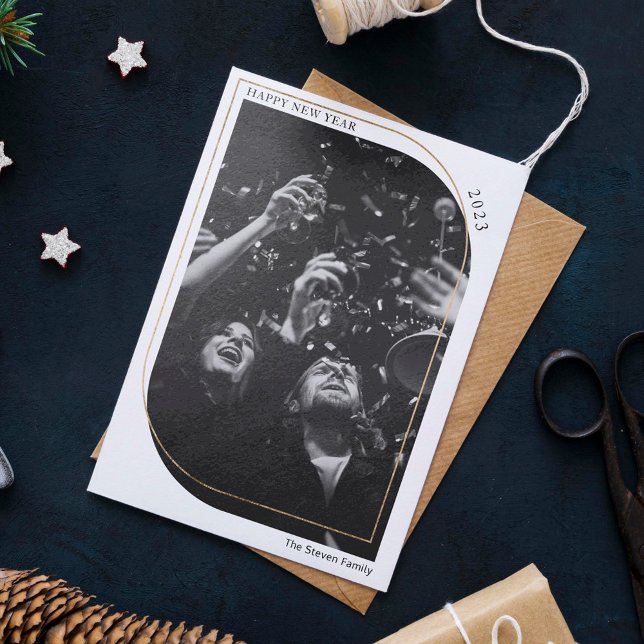 Modern gold new year overlay photo black white holiday card (Creator Uploaded)