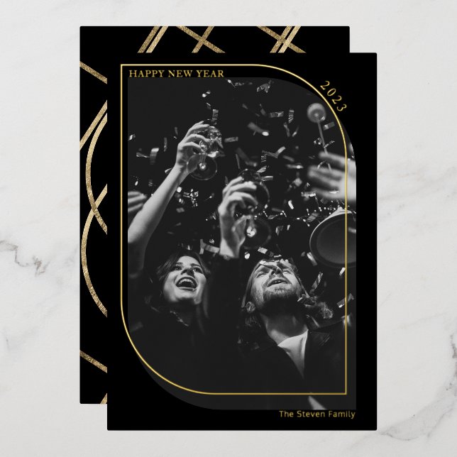 Modern gold new year overlay photo chic black foil holiday card (Front/Back)