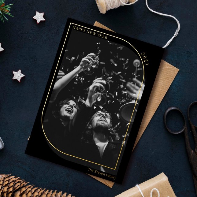 Modern gold new year overlay photo chic black  foil holiday card (Creator Uploaded)