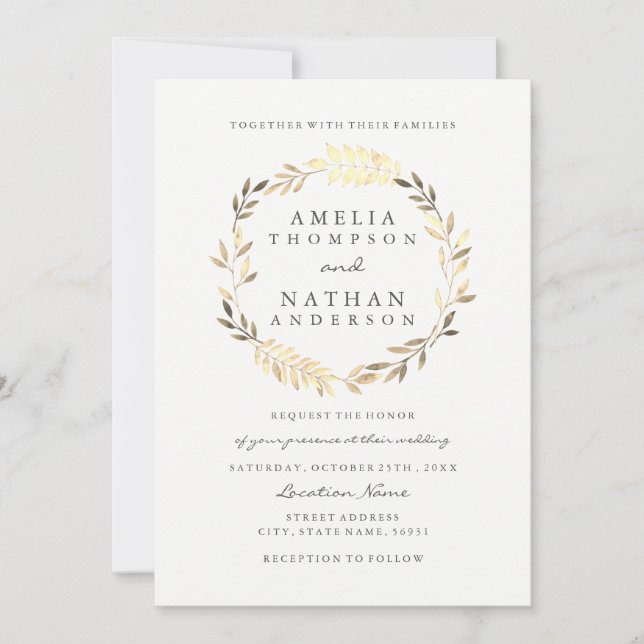 Modern Gold Olive Leaf Wreath Wedding Invitation (Front)