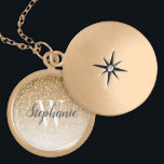 Modern Gold Ombre Faux Glitter Monogram Gold Plated Necklace<br><div class="desc">This chic locket necklace features a gold ombre faux glitter background. Customise it with your initial in white serif font and your name in dark grey handwriting-style brush script.</div>