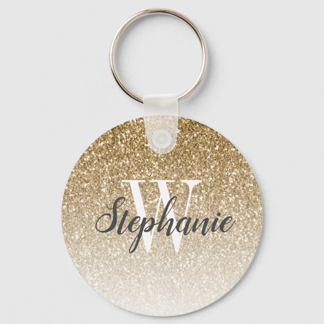 Modern Gold Ombre Faux Glitter Monogram Key Ring (Front)