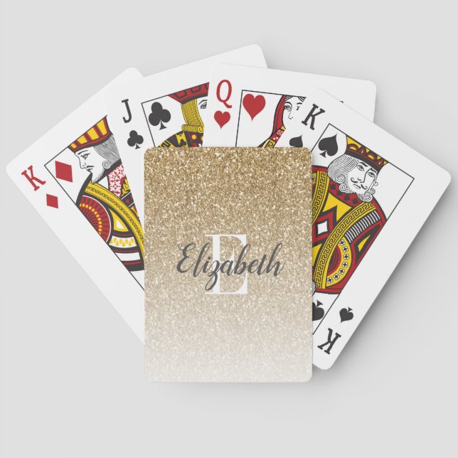 Modern Gold Ombre Faux Glitter Monogram Playing Cards (Back)