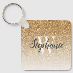 Modern Gold Ombre Faux Glitter Monogram Square Key Ring