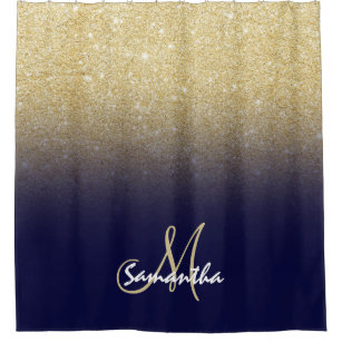 Modern gold ombre navy blue block monogram shower curtain