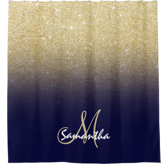 Modern gold ombre navy blue block monogram shower curtain (Front)
