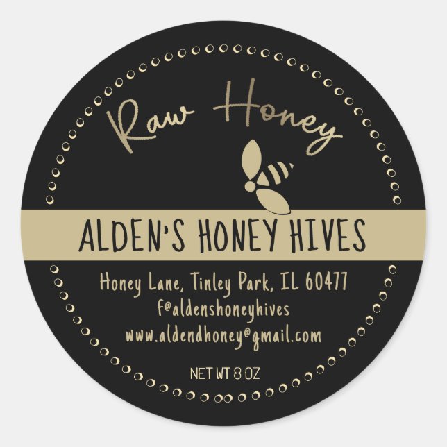 Modern Gold on Black Raw Honey Stylised Honeybee  Classic Round Sticker (Front)