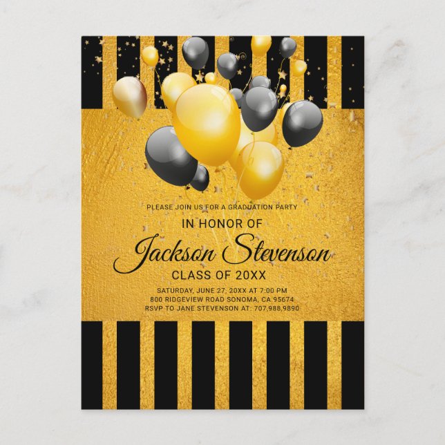 Modern Gold On Black Stripes Graduation Party Invitation Postcard (Front)