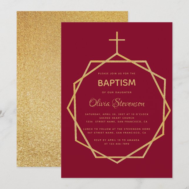 Modern Gold on Burgundy Red Geometric Girl Baptism Invitation (Front/Back)