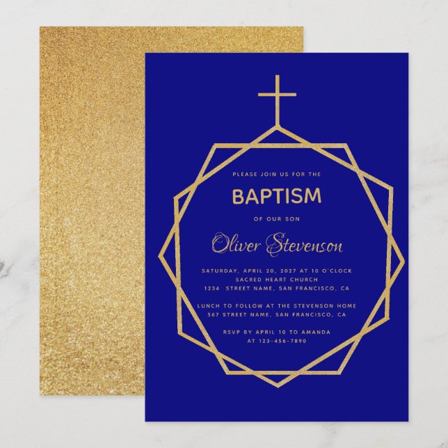 Modern Gold on Navy Blue Geometric Boy Baptism Invitation (Front/Back)