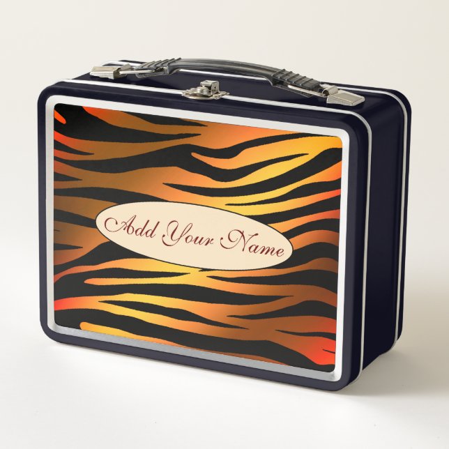 Modern Gold Orange Tiger Add Your Text Metal Lunch Box (Front)