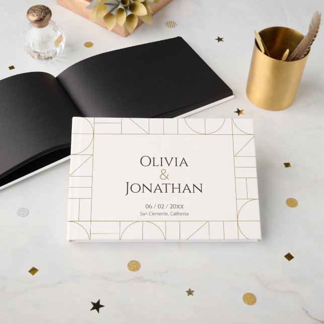 Modern Gold Ornaments Cream Wedding Guest Book (Front Open)