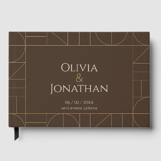 Modern Gold Ornaments Dark Brown Wedding Guest Book
